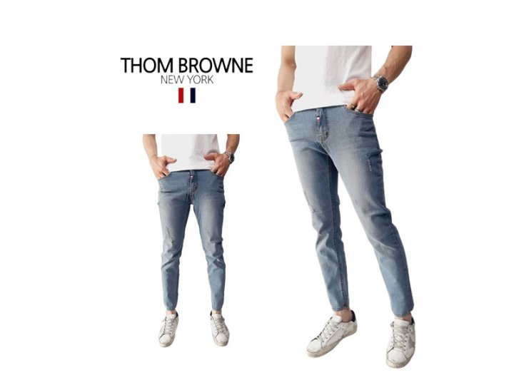 Thom Browne 톰브라운 사틴블루 슬림스트레이트 청바지