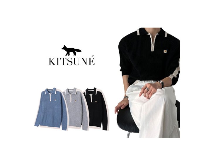 MAISON KITSUNE 매종키츠네 폭스 배색 울 카라 반집업