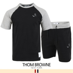 THOM BROWNE 톰브라운 4바 엠보 배색 반팔 & 반바지 세트
