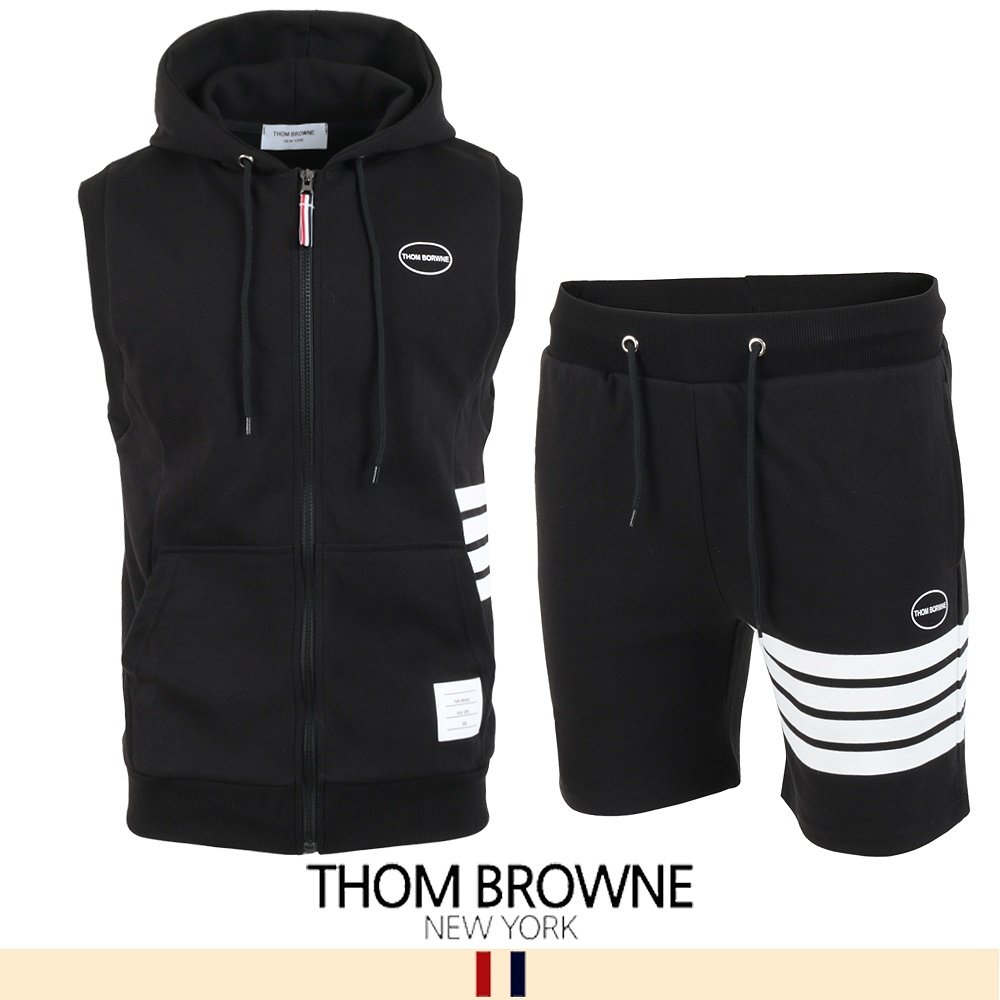 THOM BROWNE 톰브라운 사이드 4바 민소매 후드집업 & 반바지 세트