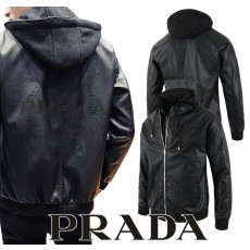 PRADA 프라다 타이거 로고 후드 레더 집업