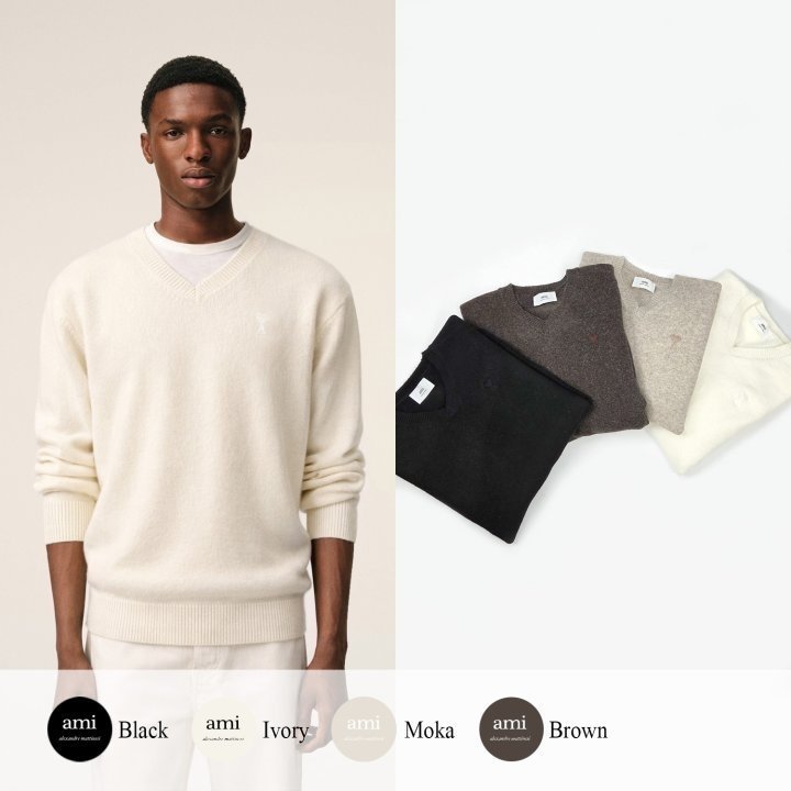 AMI 아미 드 꾀흐 까마이외 자수  V넥 울 스웨터