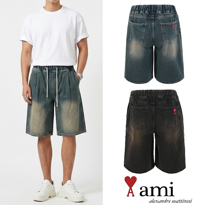 AMI 아미 하트 자수 버뮤다 밴딩 하프빈티지진