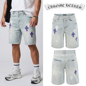 CHROME HEARTS 크롬하츠 멀티 레더 패치 연청 데님 하프 팬츠