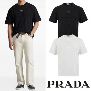 PRADA 프라다 메인 클래식 레더 반팔 코튼 티셔츠