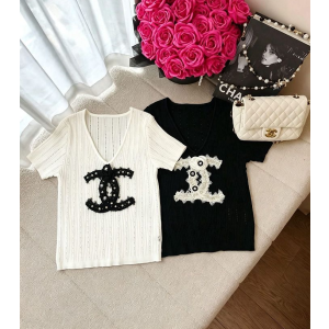 CHANEL 샤넬 1070 카멜리아 CC 자수 로고 니트 반팔 2COLOR